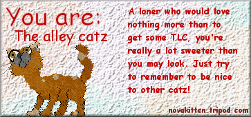 You are: The alley catz / A loner who would love nothing more than to get some TLC, you're really a lot sweeter than you may look. Just try to remember to be nice to other catz! / novakitten.tripod.com